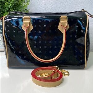 Arcadia Black and Tan Patent Calfskin Leather Top Handle Bag and Crossbody Strap